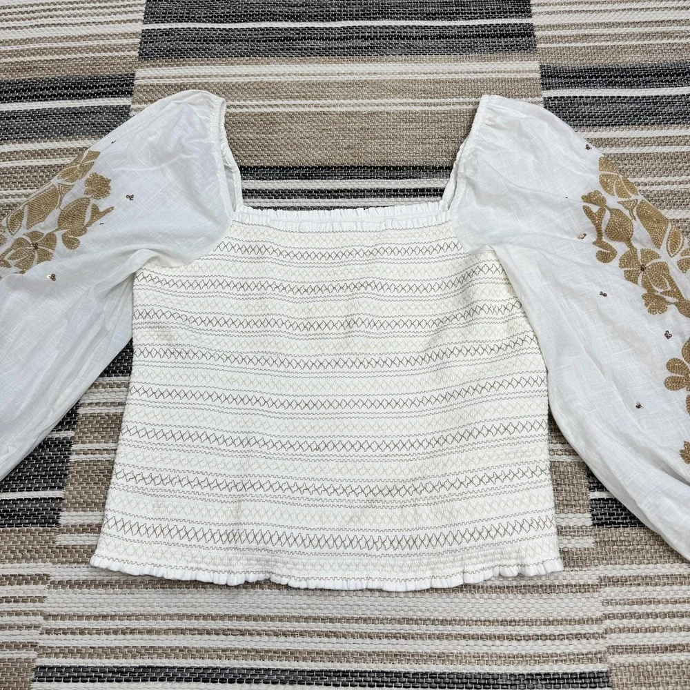 Anthropologie Women's XL White Smocked Embroidered Puff Sleeve Square Neck Top‎
